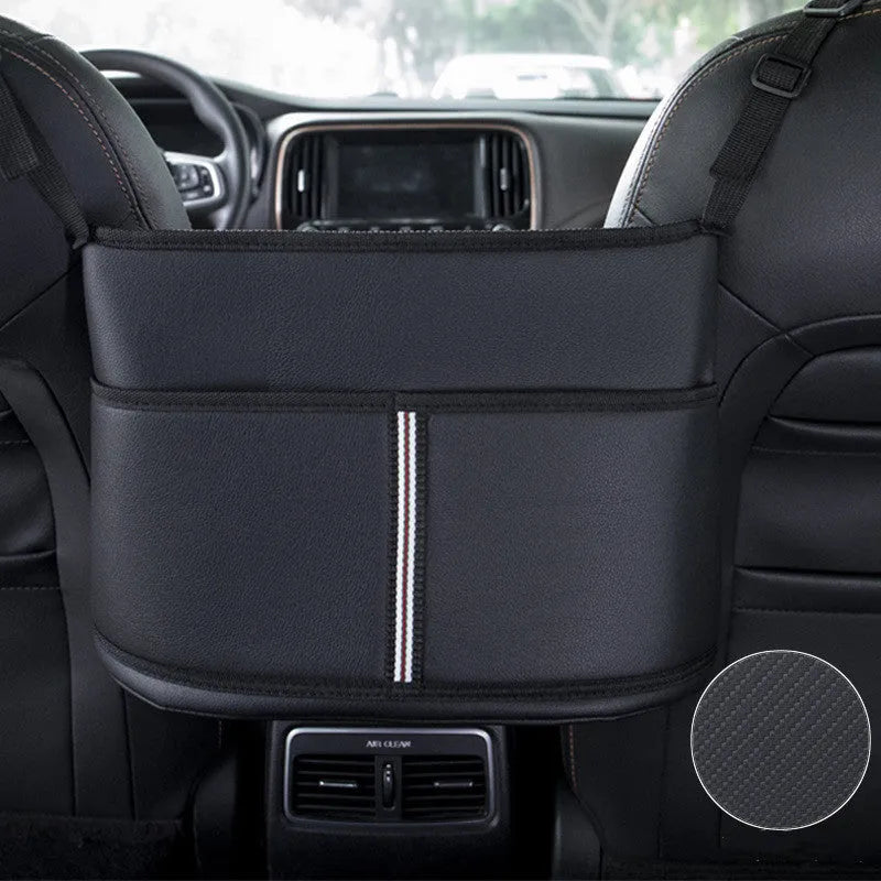 Black leather car seat storage bag with carbon fibre pattern measuring 38cm wide