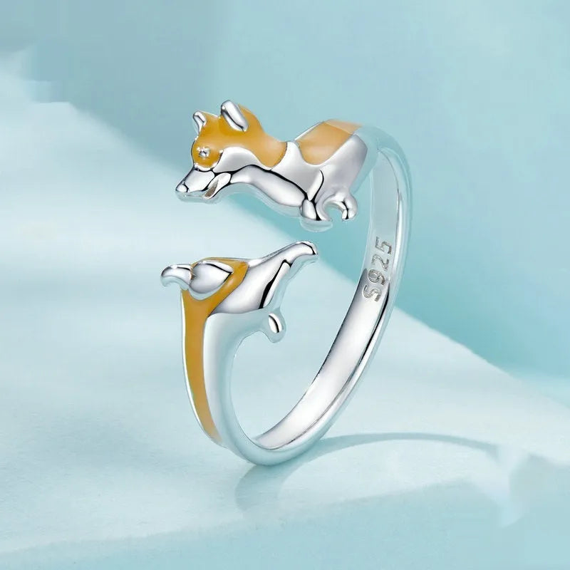 Silver cartoon corgi pet ring with electroplated finish for women's wear