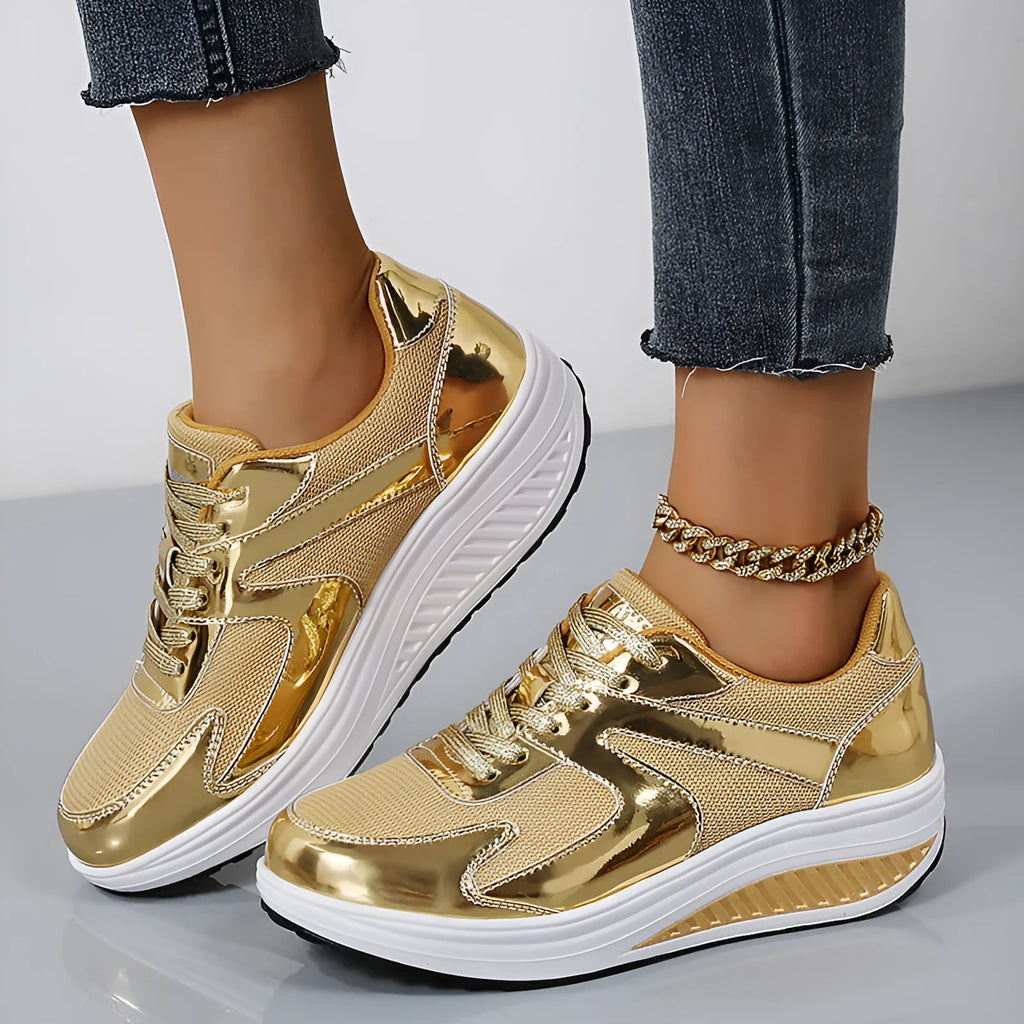 Women's breathable mesh elevator shoes with thick bottom, cross strap, round toe, available in gold and silver