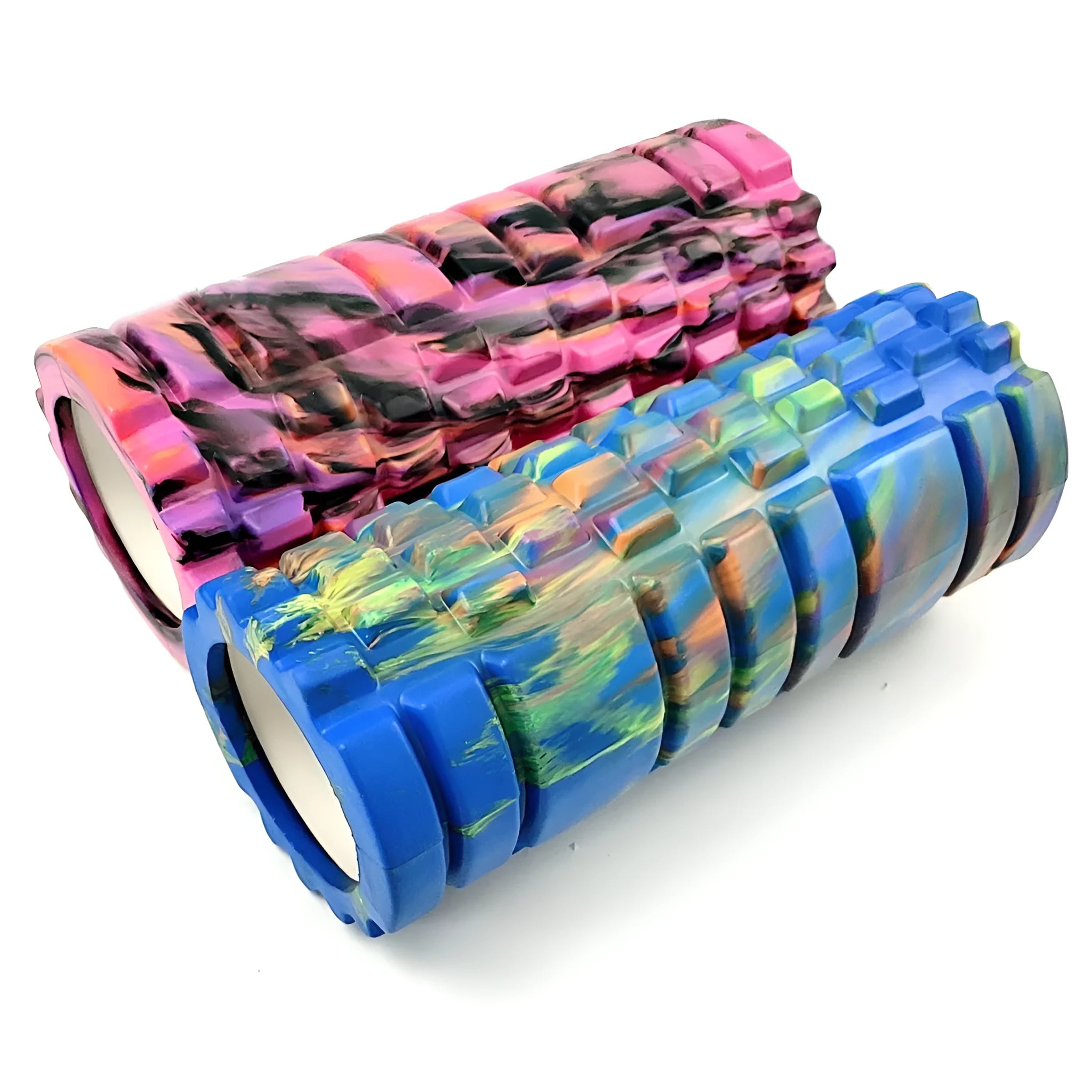 33cm long camouflage pattern EVA foam roller with 14cm diameter on a plain background.