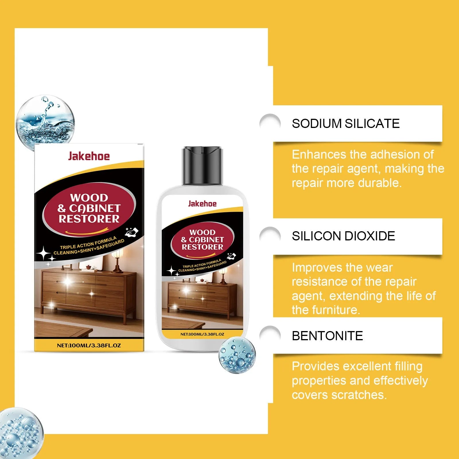 Wood furniture scratch care kit with 100ml bottle and 20cm polishing towel for cleaning and maintenance