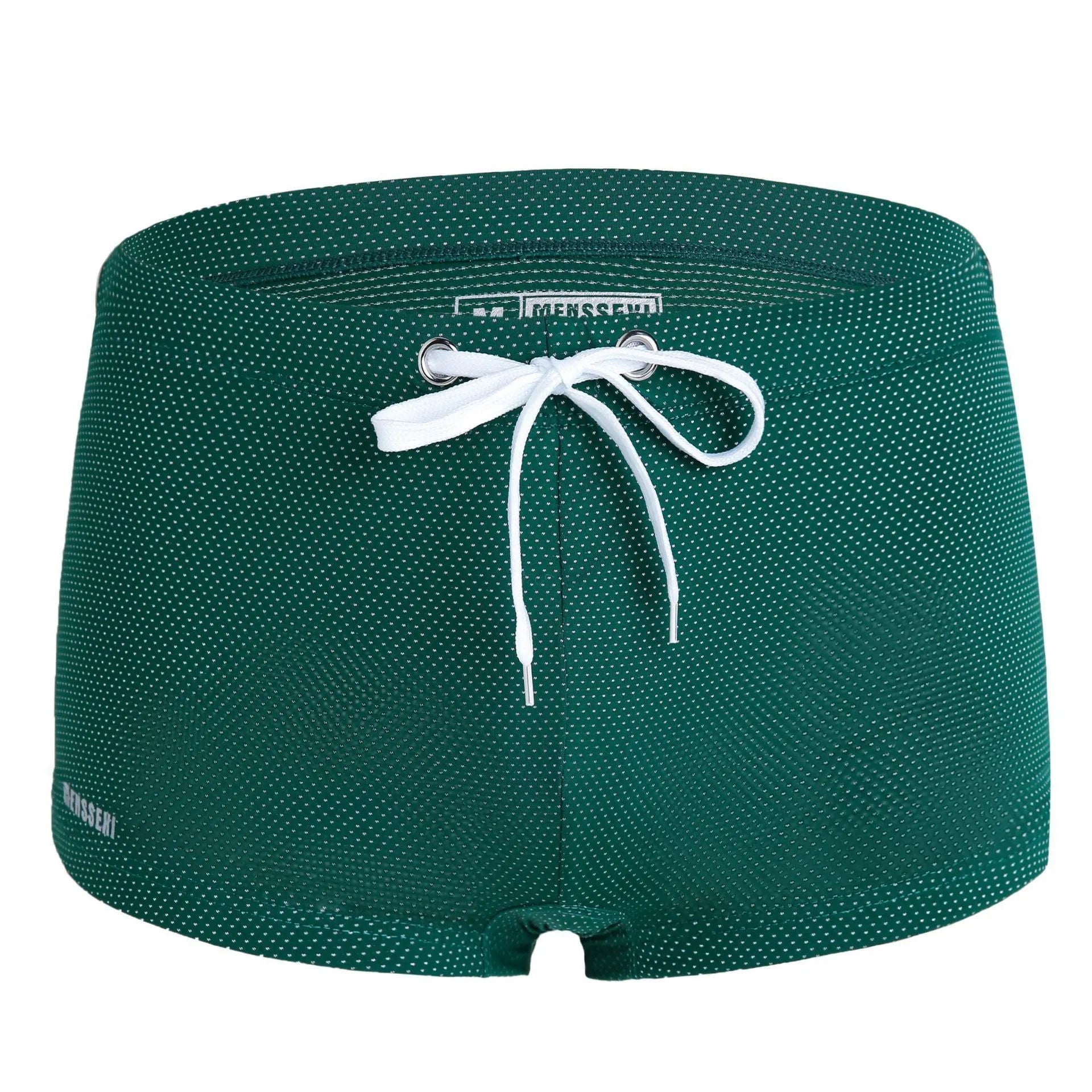 Men's solid colour nylon swimming trunks with polyester lining, shown in multiple colour options.