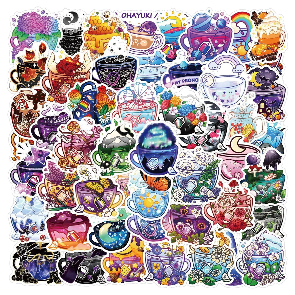 Set of 50 colourful tea cup waterproof stickers with graffiti design for scooter and luggage personalisation