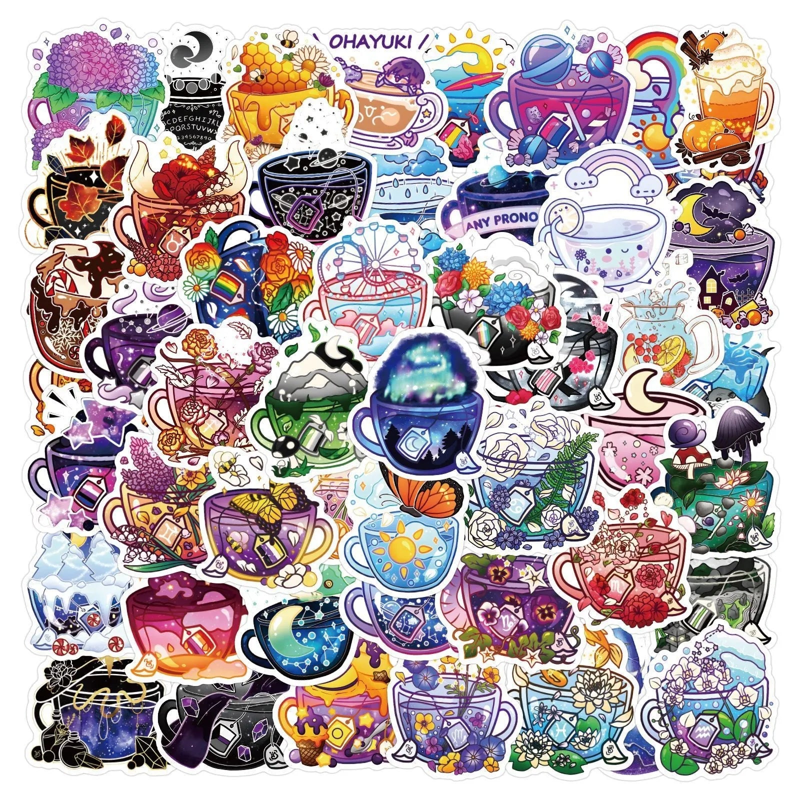 Set of 50 colourful tea cup waterproof stickers with graffiti design for scooter and luggage personalisation