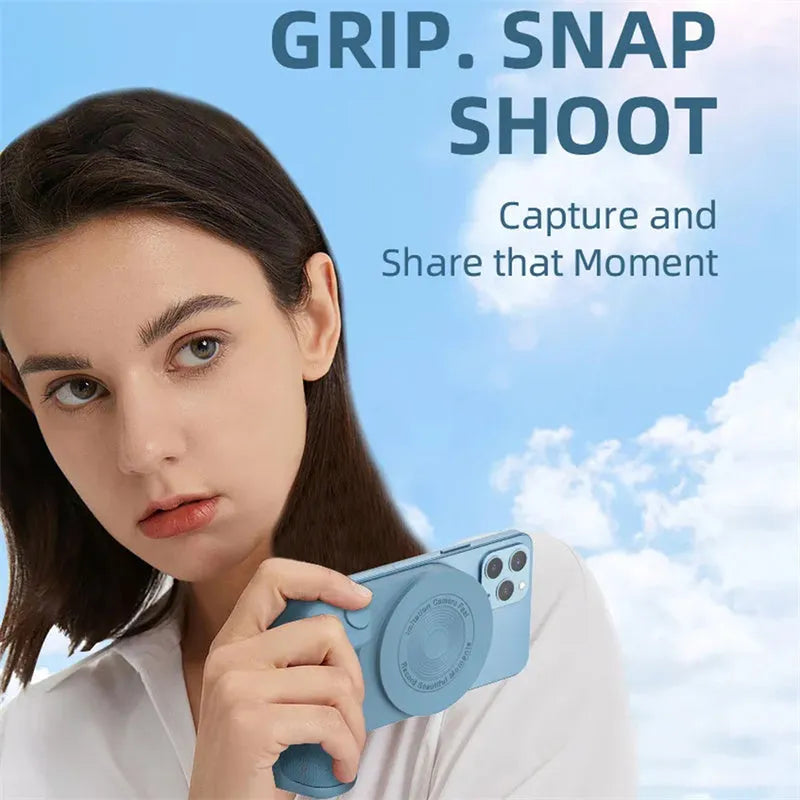 Black 3-in-1 magnetic phone camera holder with ergonomic handle on a wooden table.