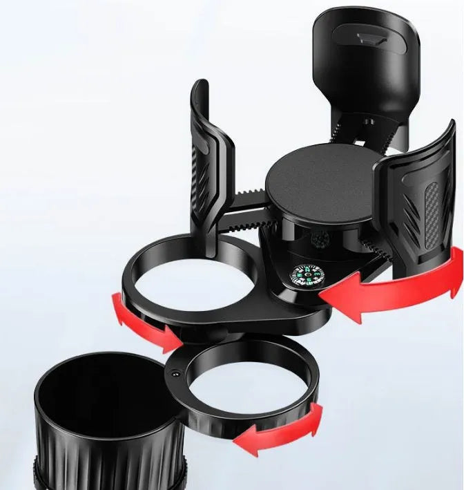 Adjustable car cup holder with retractable base in carbon fibre black finish