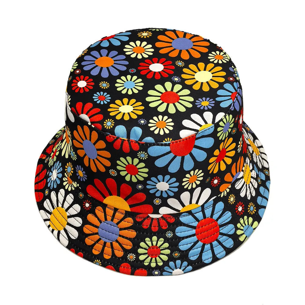 Colourful floral pattern polyester bucket hat with dome crown in medium size