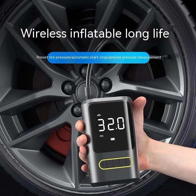 Handheld wireless digital tyre inflator with display showing pressure reading