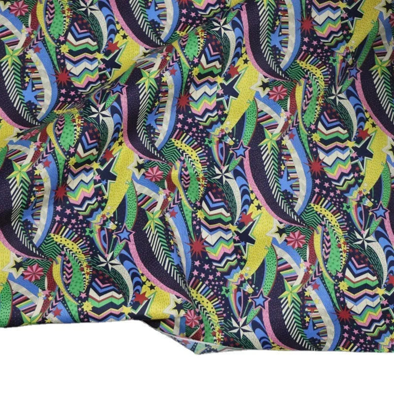 Blue high-count cotton fabric with digital print of plants and flowers, 145cm wide