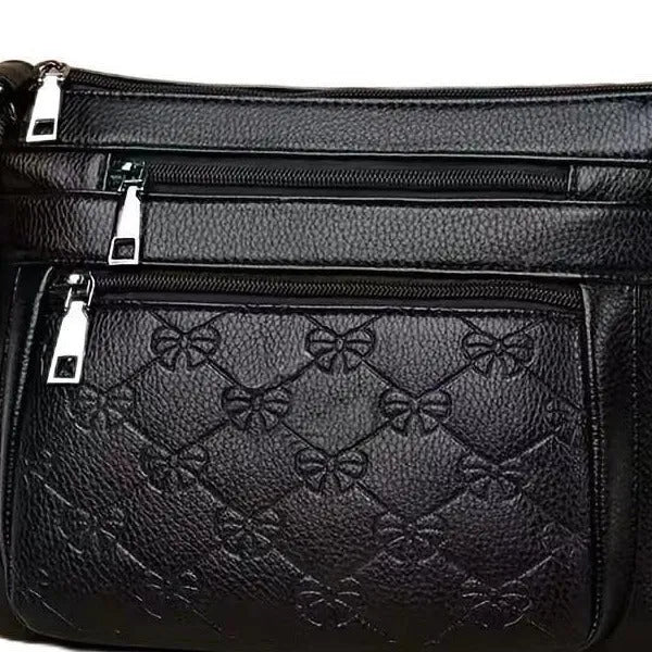 Butterfly black PU shoulder messenger bag with embossed detailing and sewing thread accents