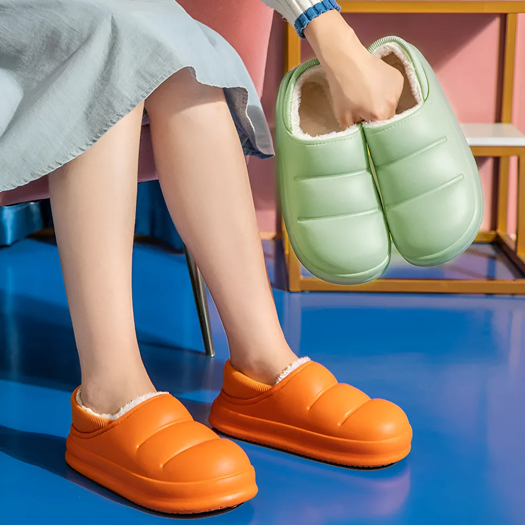 Waterproof couple cotton slippers with EVA sole in yellow, green, black, grey, pink, or orange colours