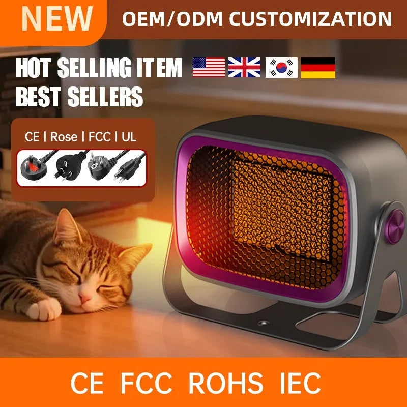 Compact desktop PTC ceramic heater in grey colour with rotatable design and two-speed controls