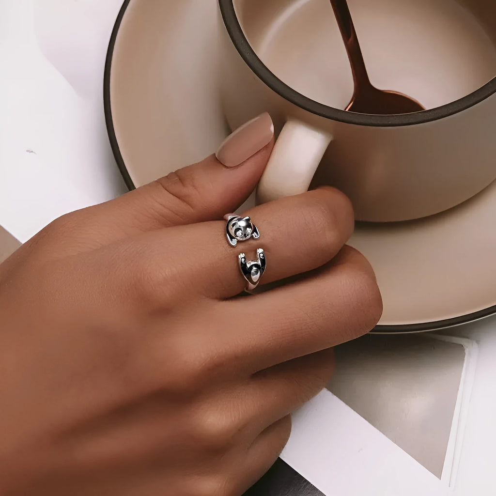 Sterling silver panda ring bracelet with white gold plating and adjustable opening