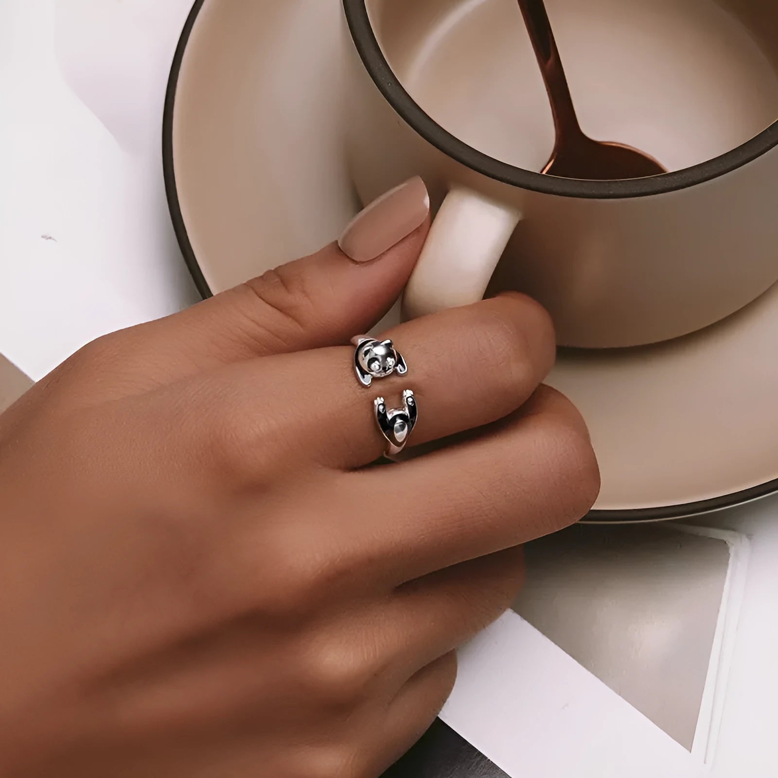 Sterling silver panda ring bracelet with white gold plating and adjustable opening