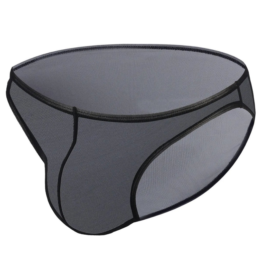 Men's black quick-drying nylon low waist briefs shorts on a plain background.
