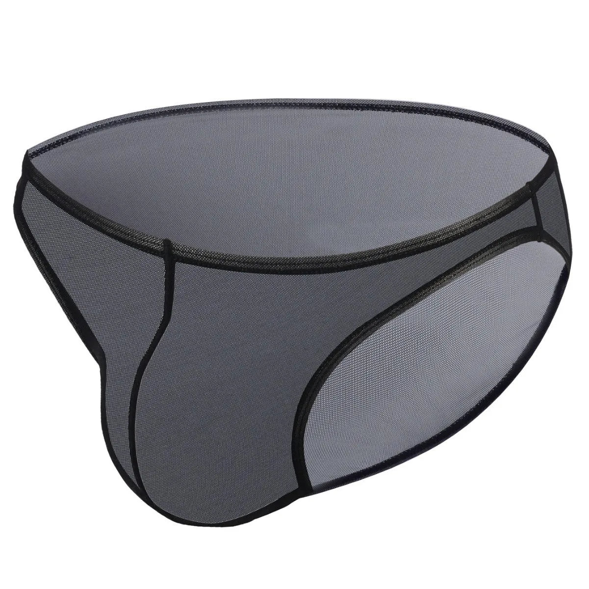 Men's black quick-drying nylon low waist briefs shorts on a plain background.
