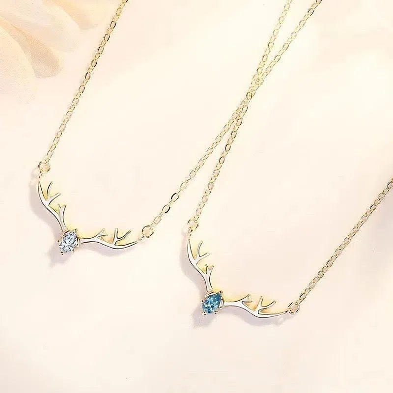 Women's copper deer pendant necklace with blue stone option on O-link chain, light luxury Korean style