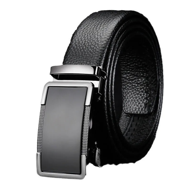 Men's leather automatic buckle belt in gun black, silver, and gold colour options showing the comfort click mechanism.