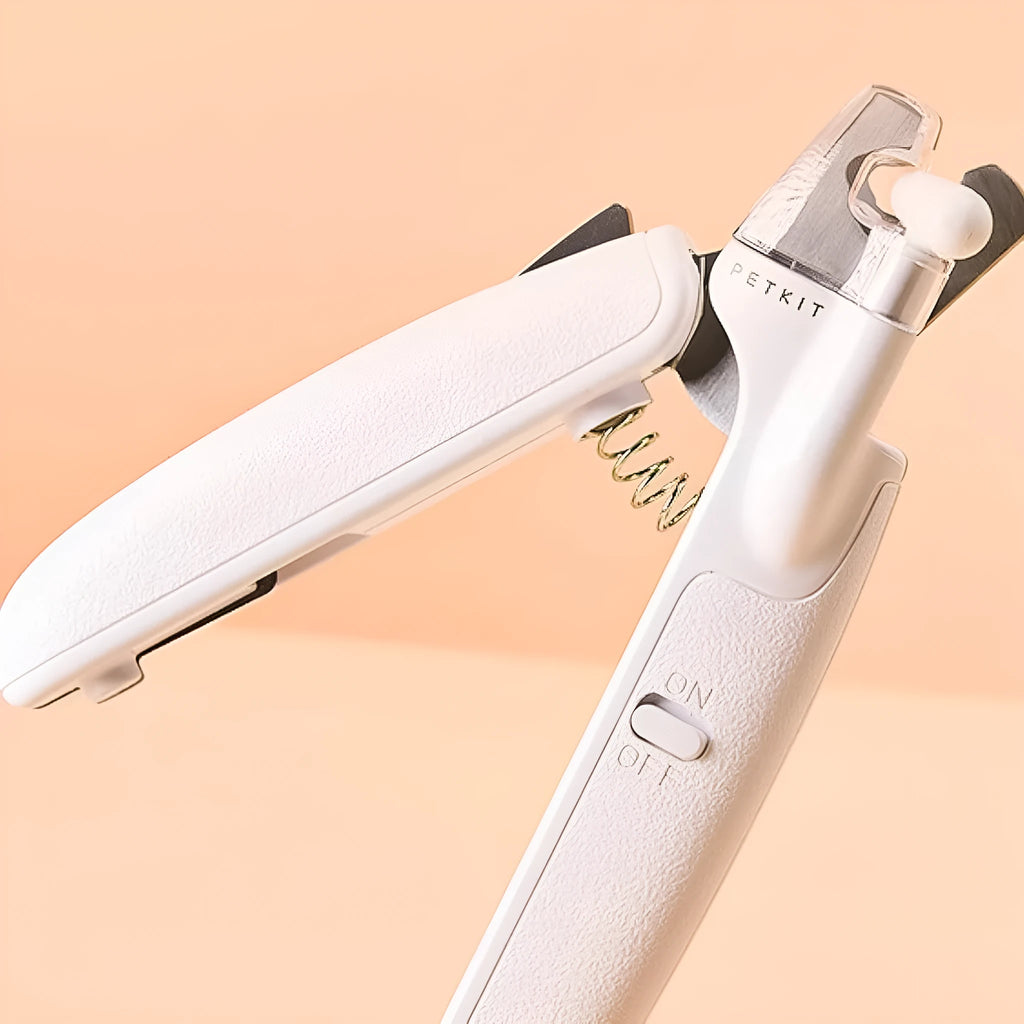 White LED pet nail clippers with transparent guard and triangular steel blade for dogs and cats