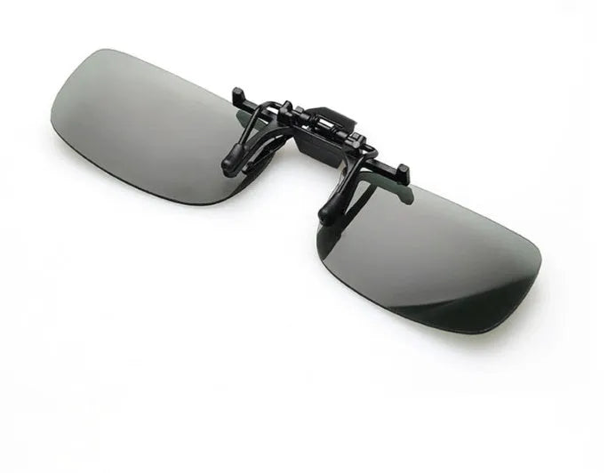 Clip-on myopia sunglasses with PC lens in gray colour showing side clip attachment for driving and outdoor use