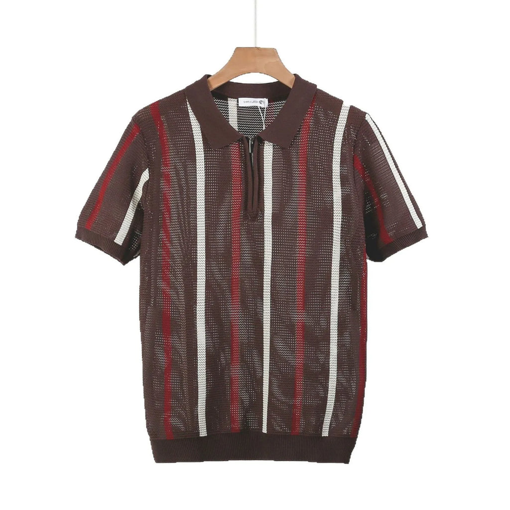Hollow mesh short-sleeved knitting polo shirt in Ice Silk fabric with zipper decorations, loose fit, available in multiple colours