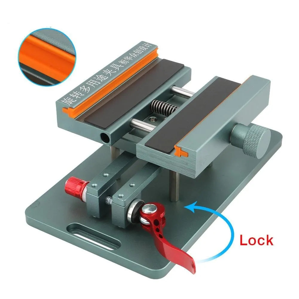 Mobile phone repair fixture with adjustable clamp and demolition crowbar