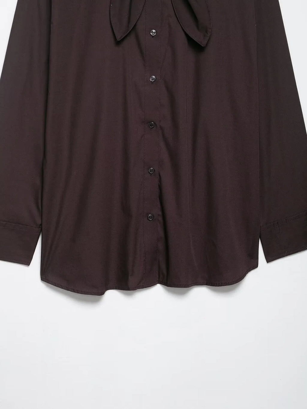 Women's brown loose-fit long sleeve poplin shirt with attached scarf bow tie, front view