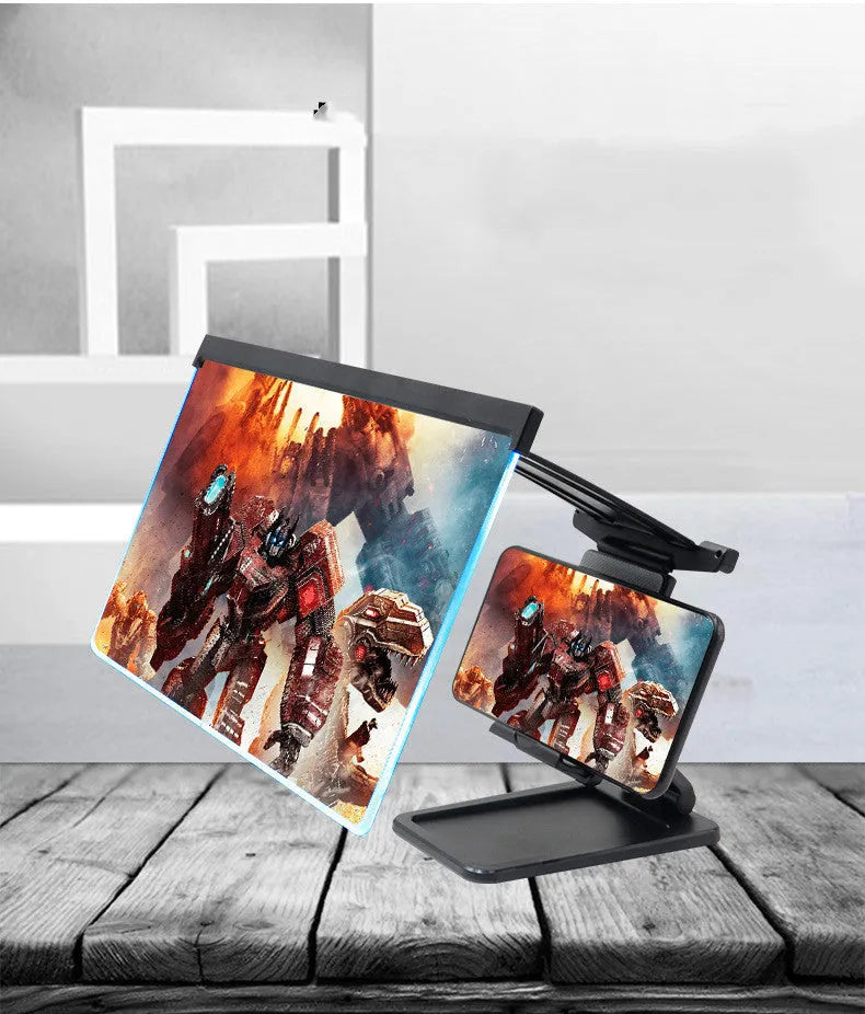 Black folding mobile phone screen amplifier with detachable holder showing 12-inch curved magnifier