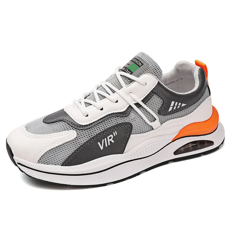 Men's gray breathable mesh running shoes with round toe and EVA sole for jogging