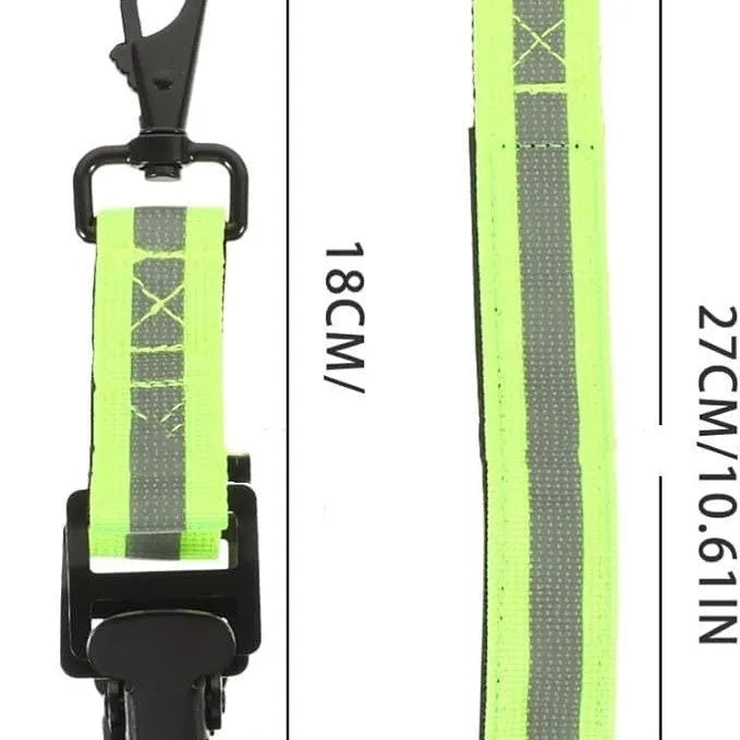 Fluorescent green reflective safety clip with a metal buckle for holding work gloves.