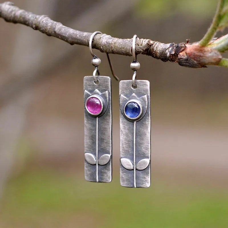 Women's antique finish red sapphire geometric earrings with retro style and electroplated metal construction