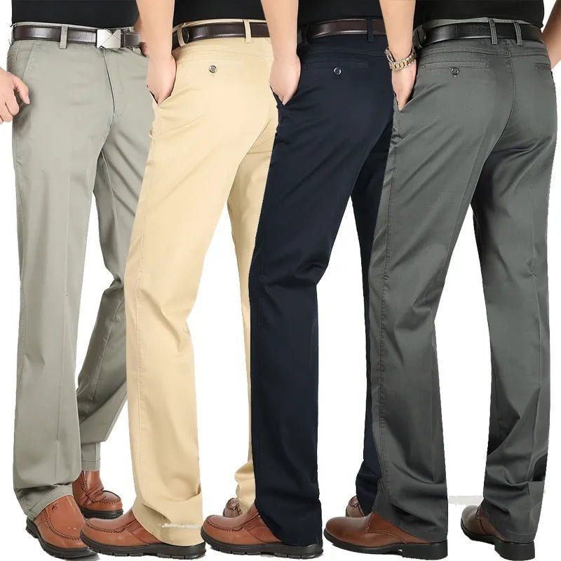 Men's elastic cotton high waisted loose trousers in creamy white, front view, sizes 29 to 44