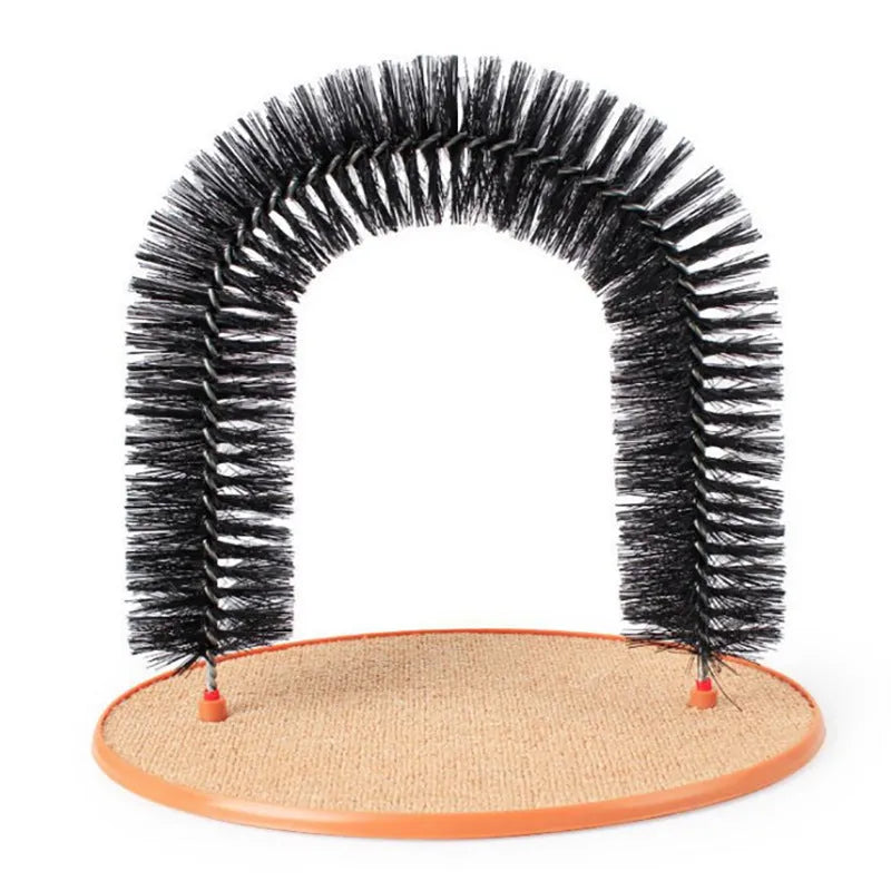 A white plastic cat grooming arch with built-in brush bristles for scratching and self-grooming.