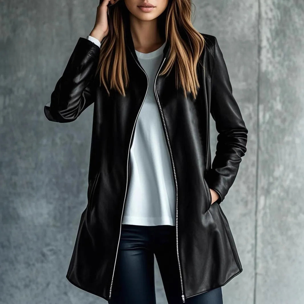 Women's black leather-effect polyester jacket with long sleeves, medium 65cm length, front view