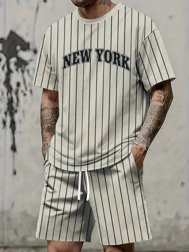 Men's 3D printed letter suit set with short sleeves and shorts in polyester fabric