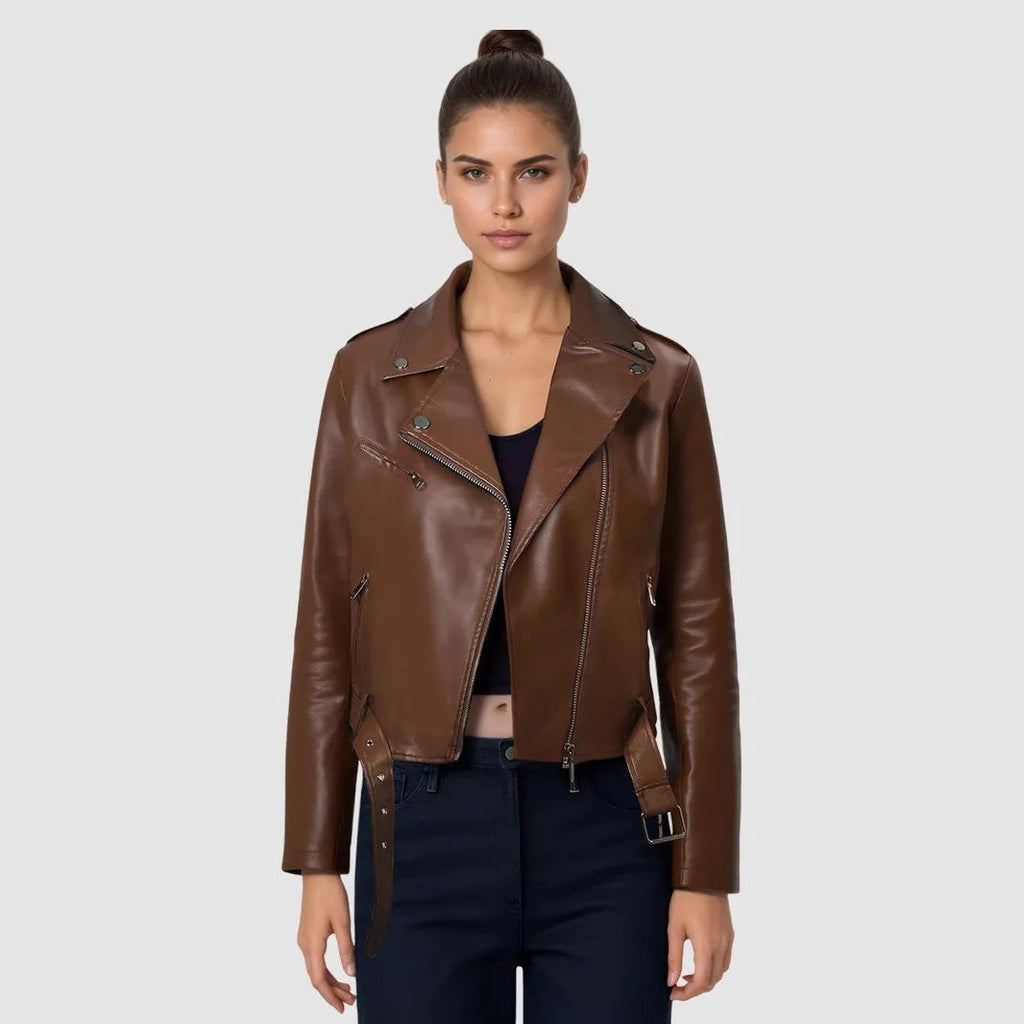 Women's red PU leather jacket with lapel collar and belt detail