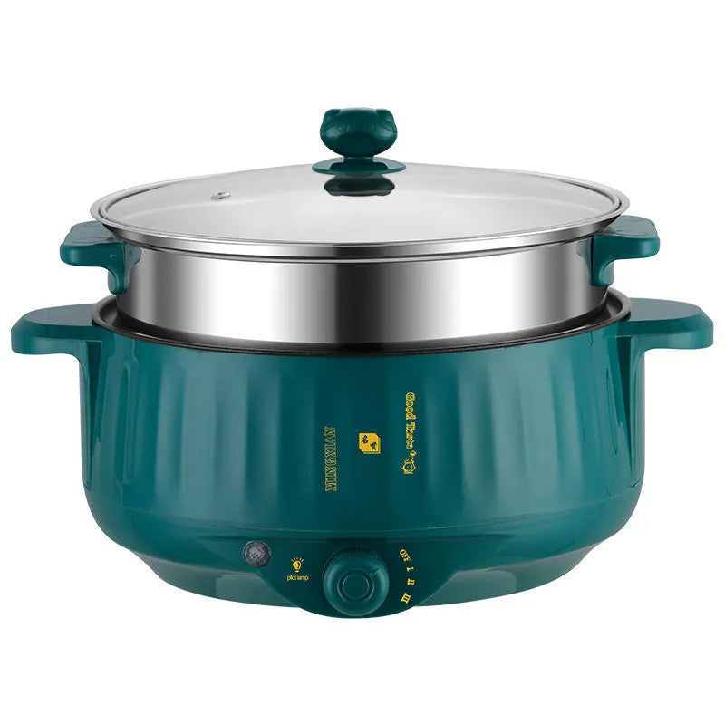 Integrated electric cooking pot with non-stick interior and stainless steel body in white or green finish