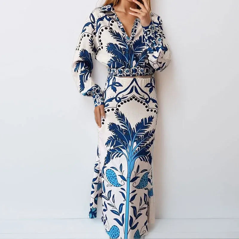 Women's floral print polyester co-ord set with long sleeve top and matching long skirt