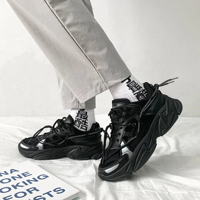 Men's white platform dad shoes with front lace-up, shown on a neutral background.