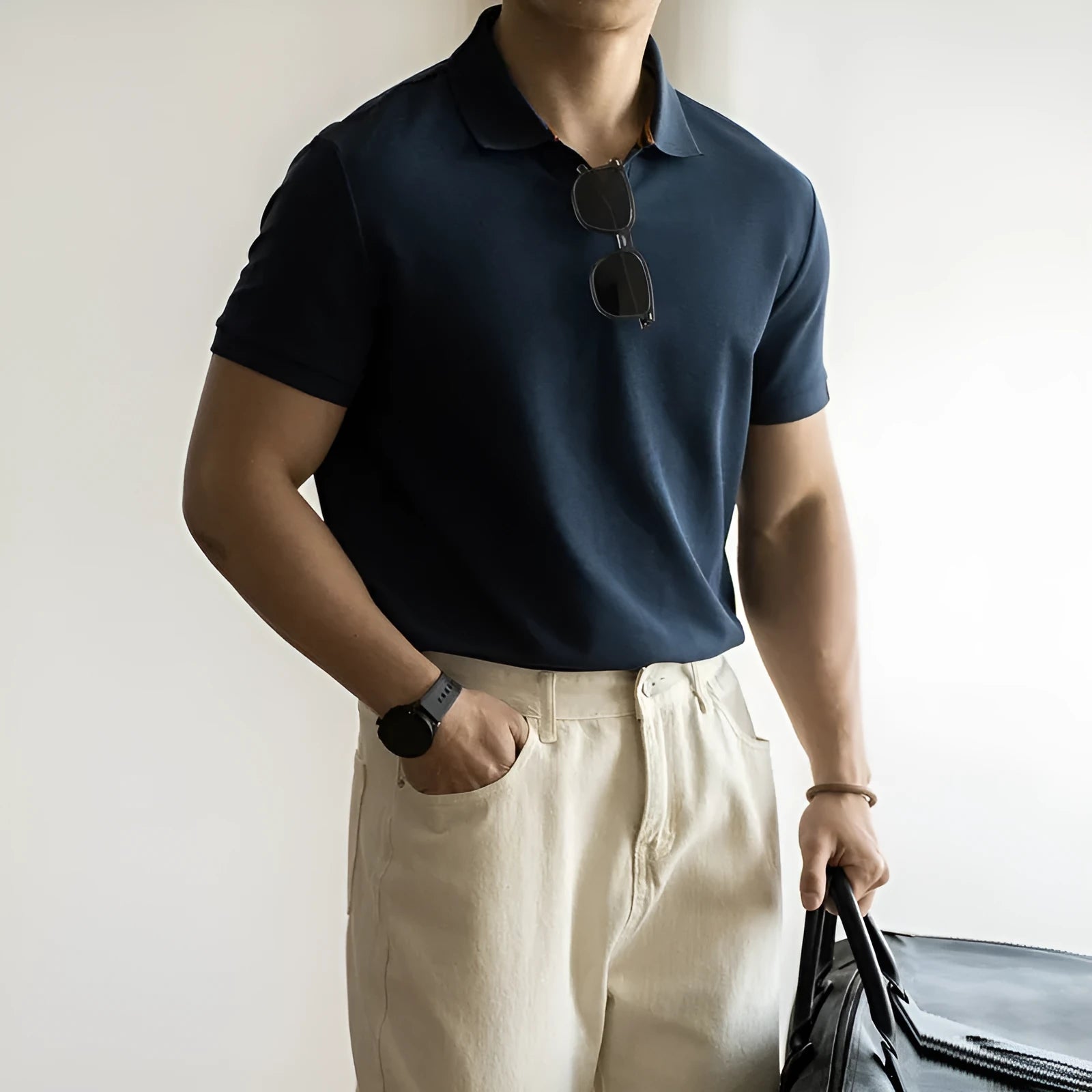 Blue cotton blend polo shirt with short sleeves displayed front view