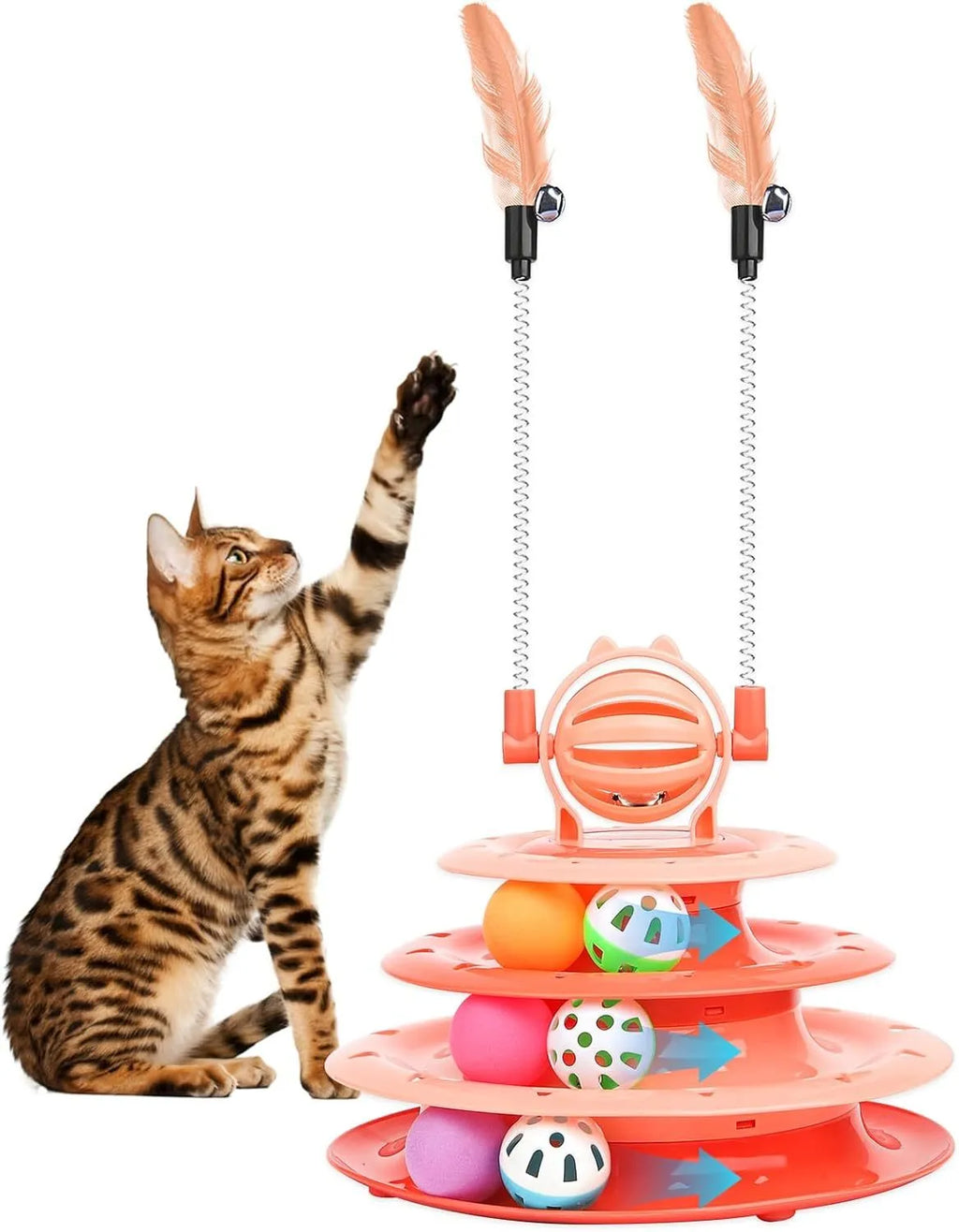Interactive cat toy with 4-tier carousel, 6 toy balls, bell ball, and 2 teasing rods on a non-slip base