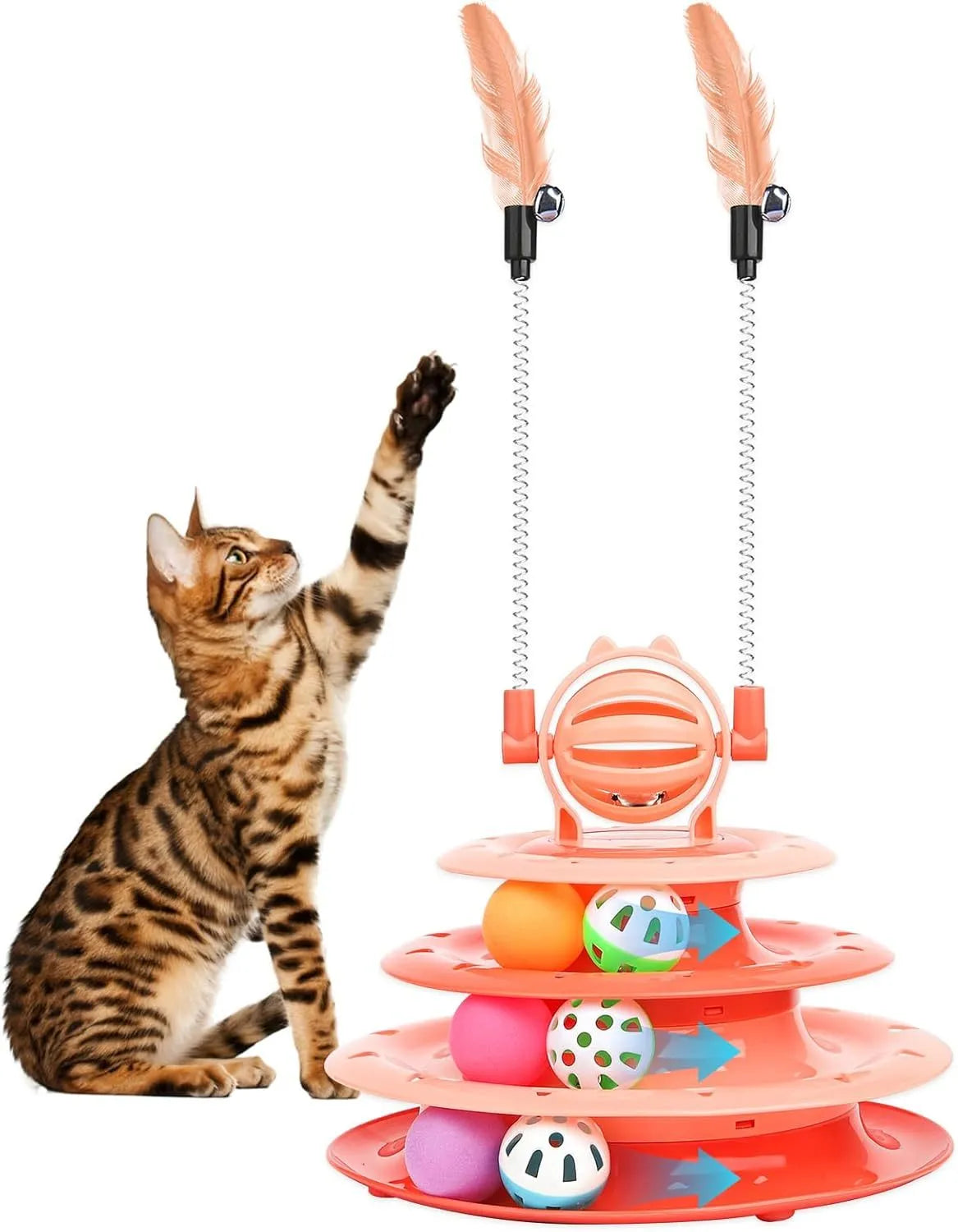 Interactive cat toy with 4-tier carousel, 6 toy balls, bell ball, and 2 teasing rods on a non-slip base