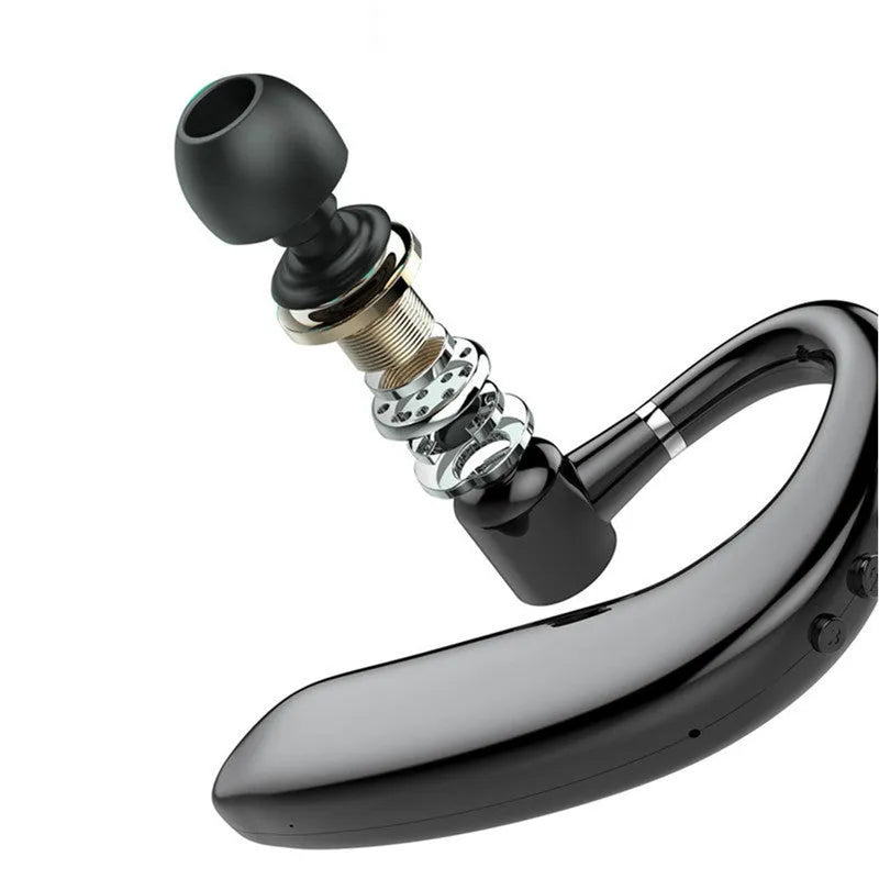 Single-ear Bluetooth headset in black or blue with rotatable earpiece and microphone