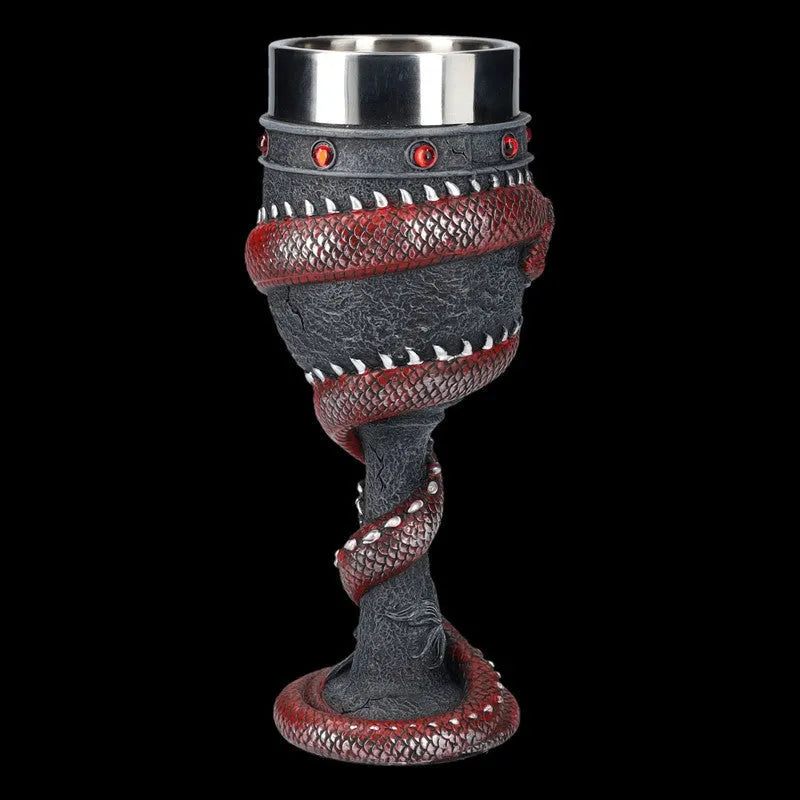 Red wine glass with Chinese dragon design on stainless steel base, 200ml capacity