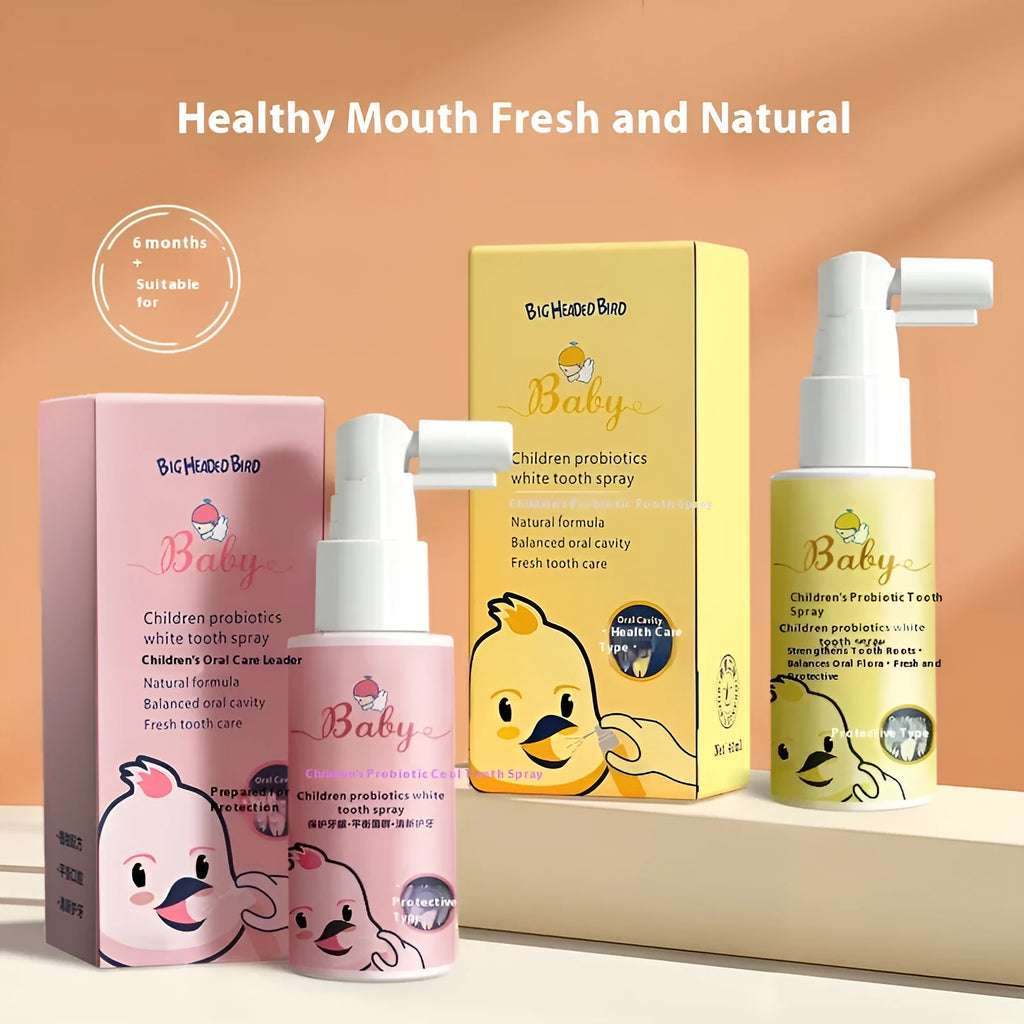 Children's probiotic oral spray bottle for teeth cleaning in strawberry and orange flavours