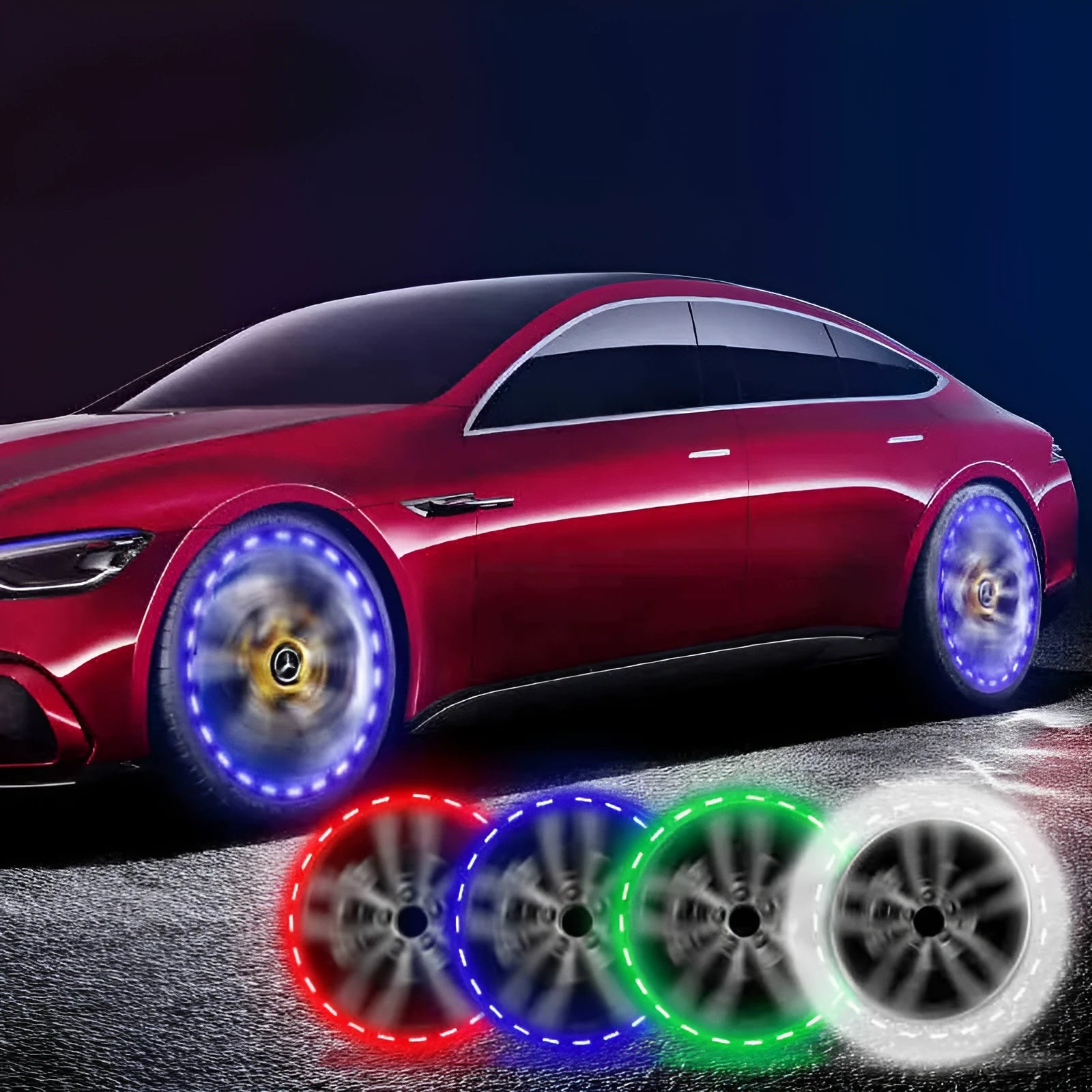 Colourful solar-powered LED hub decorative light for car or motorcycle wheels with 15 flash modes.