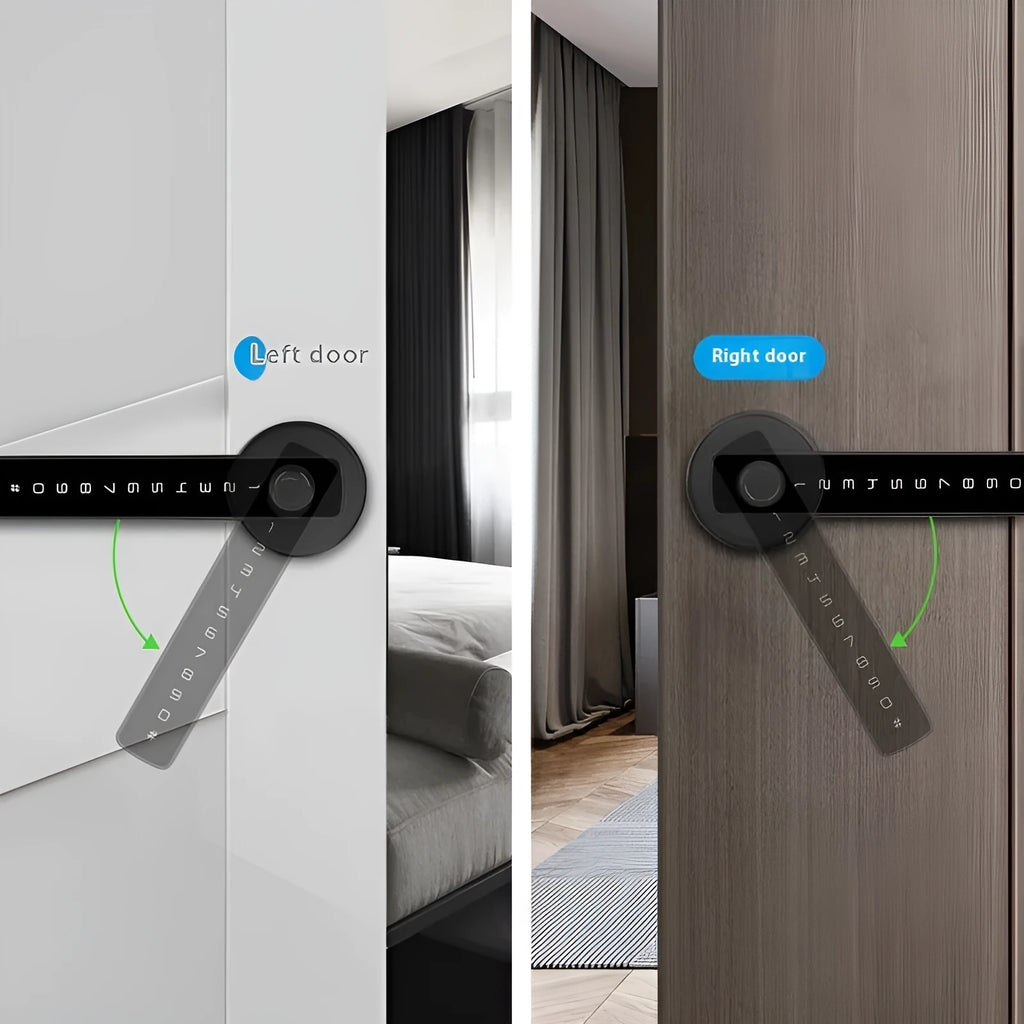 Black spherical card smart door lock on wooden door with fingerprint sensor