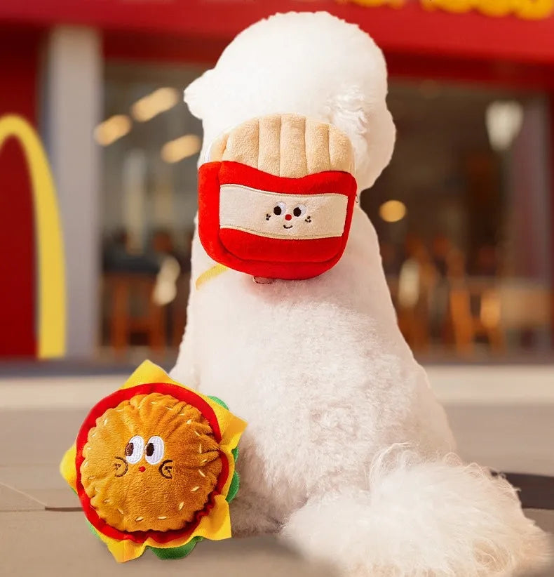 Cartoon hamburger design adjustable escape-proof vest leash for a dog on a walk.