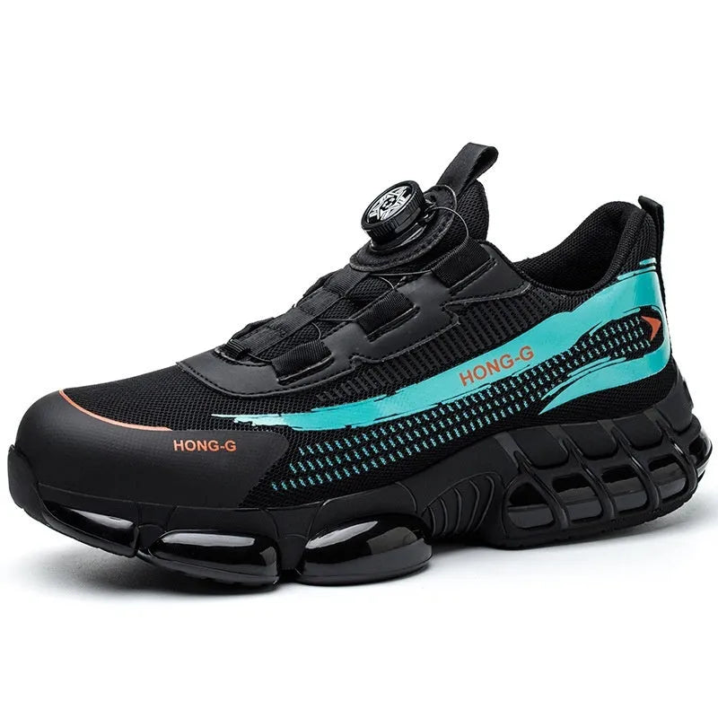 Lightweight black safety work shoes with a steel toe cap and breathable flyweave upper on a work floor.