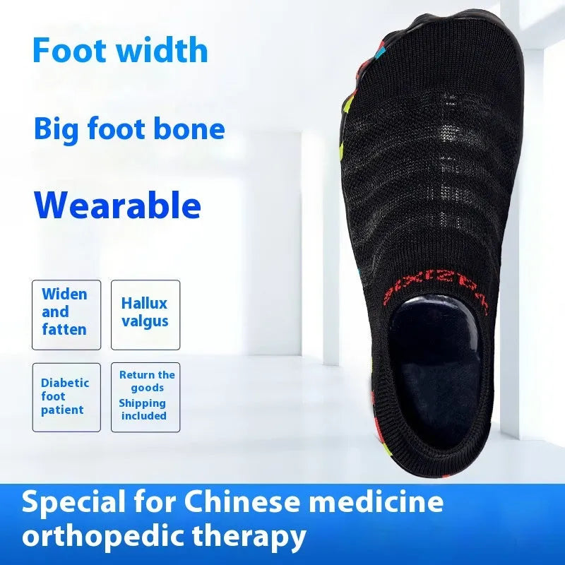Women's Flyknit fishing line water shoes in black camouflage with front lace-up closure and rubber sole on a beach background